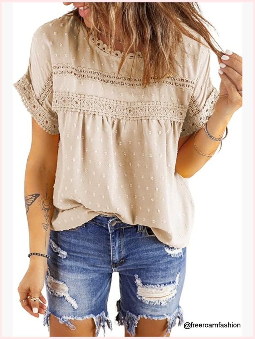 Crochet Lace Crewneck Blouse Short Sleeve Casual Tops Loose Fit